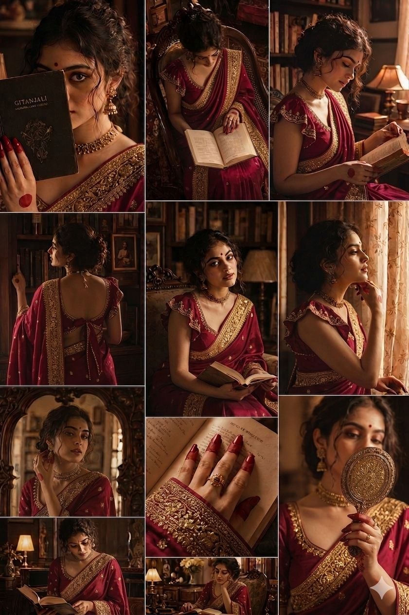 Vintage Literary Reflections in Warm Tones Maroon Saree Prompt